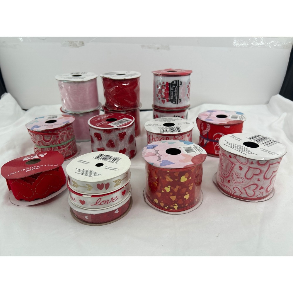 Unbranded Valentine's Day Ribbon Lot 16 Spools Pink Red Hearts Love Good Mixed